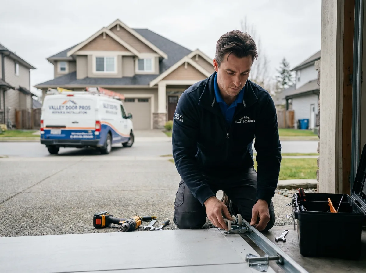 Technician repairing a residential garage door