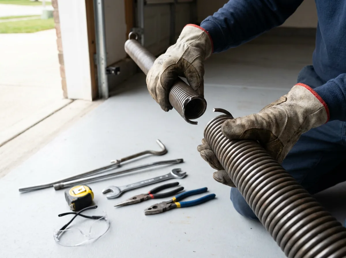 Garage door spring being professionally replaced